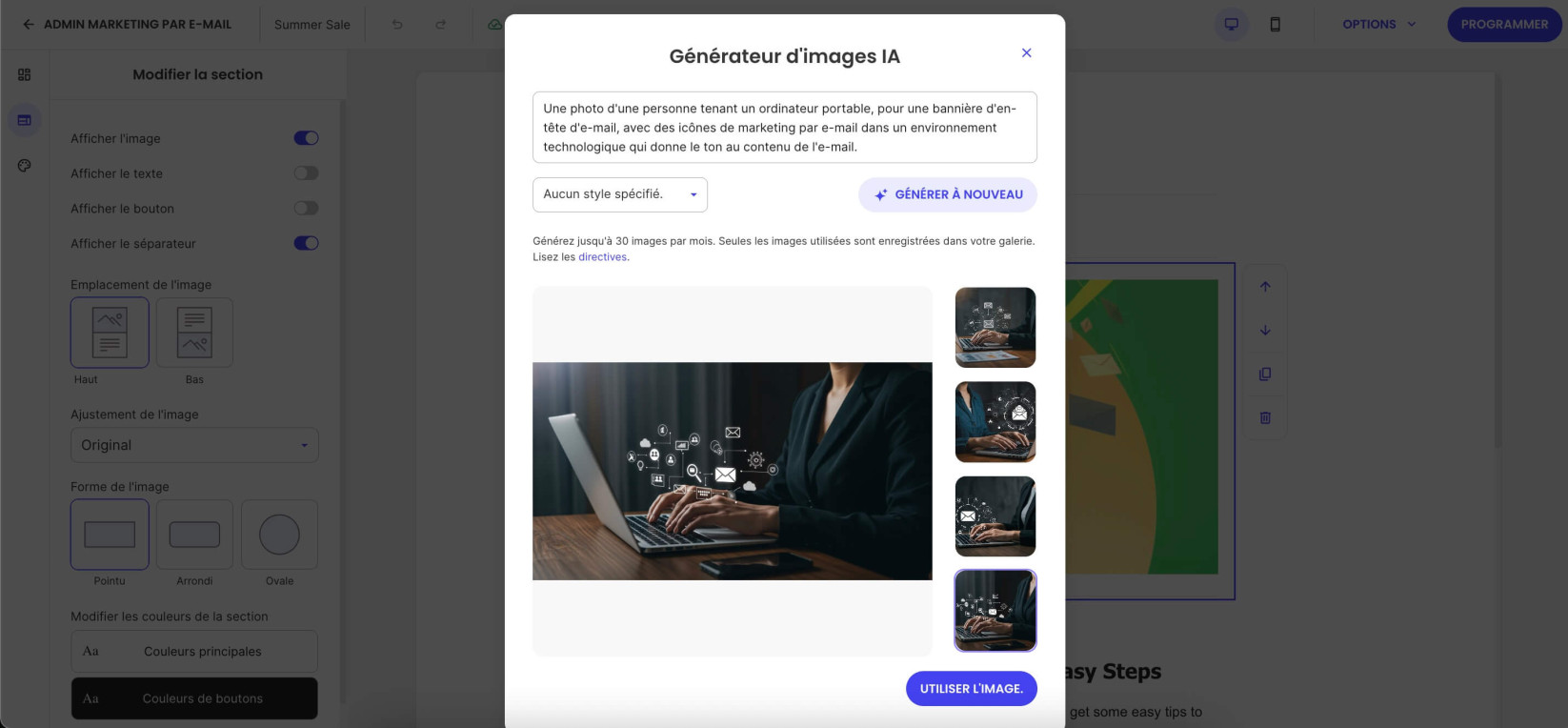 Capture d’écran de l’option de régénération d’image dans le Générateur d’Images IA de SiteGround, avec une image sélectionnée et un bouton « Régénérer ».