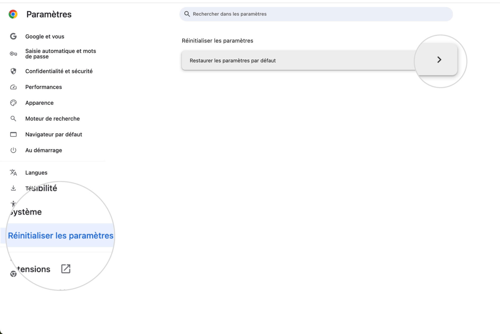 Paramètres de Chrome affichant l'option de réinitialiser le navigateur à ses paramètres par défaut