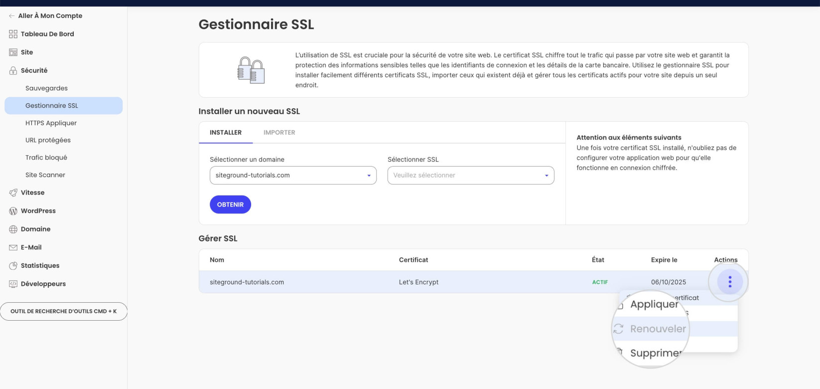 Renouvellement d'un certificat SSL
