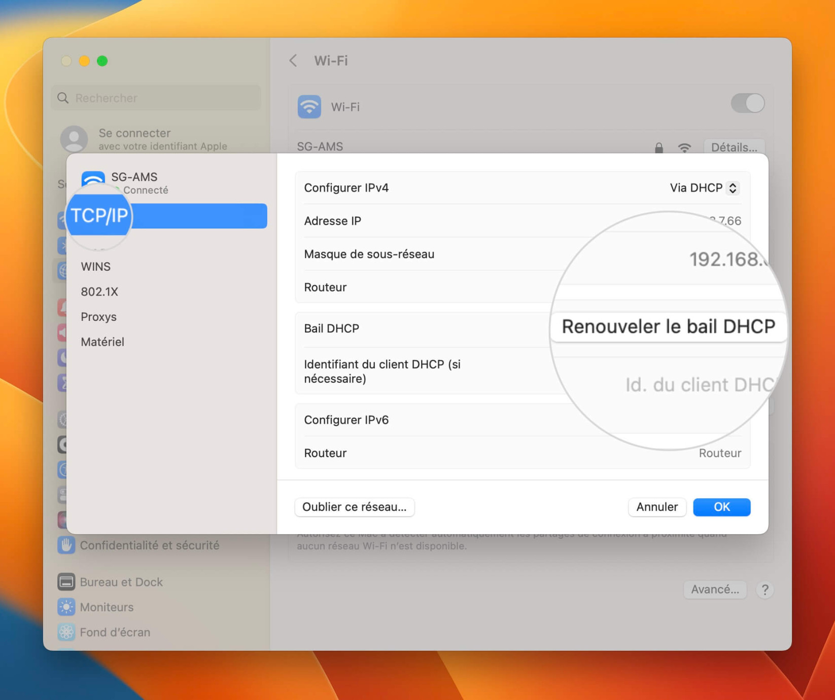 Bouton Renouveler le bail DHCP pour renouveler l'adresse IP