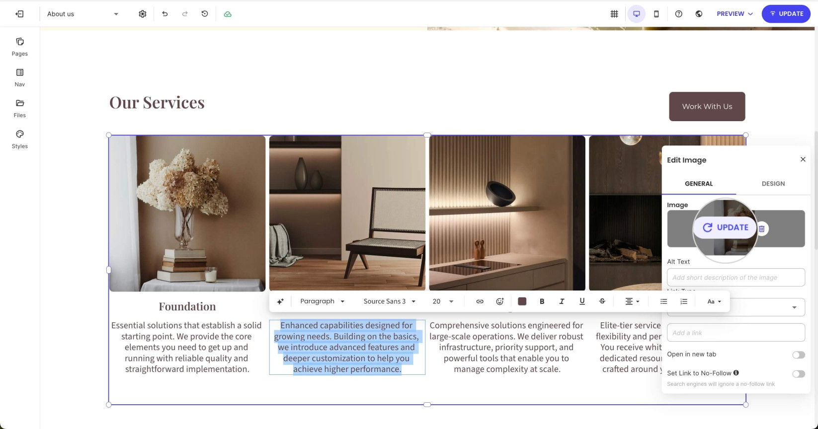 Selected Showcase Column inside a section with highlighted text and image displaying editing options