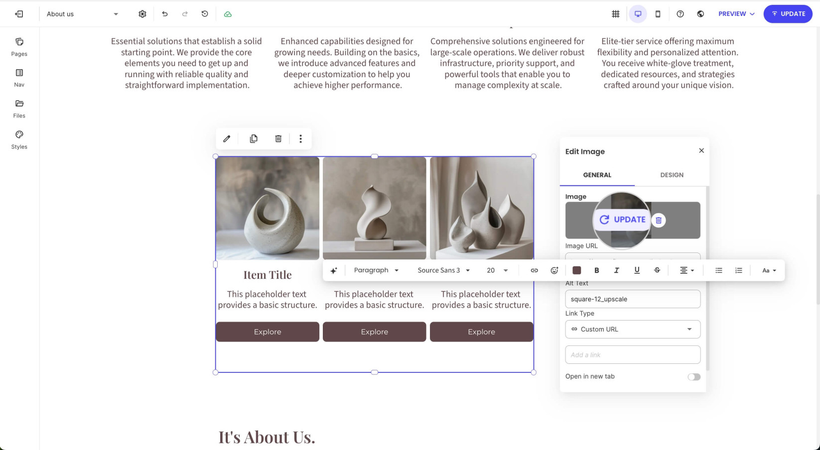 Selected component on a page in Website Builder with highlighted image and text displaying editing options