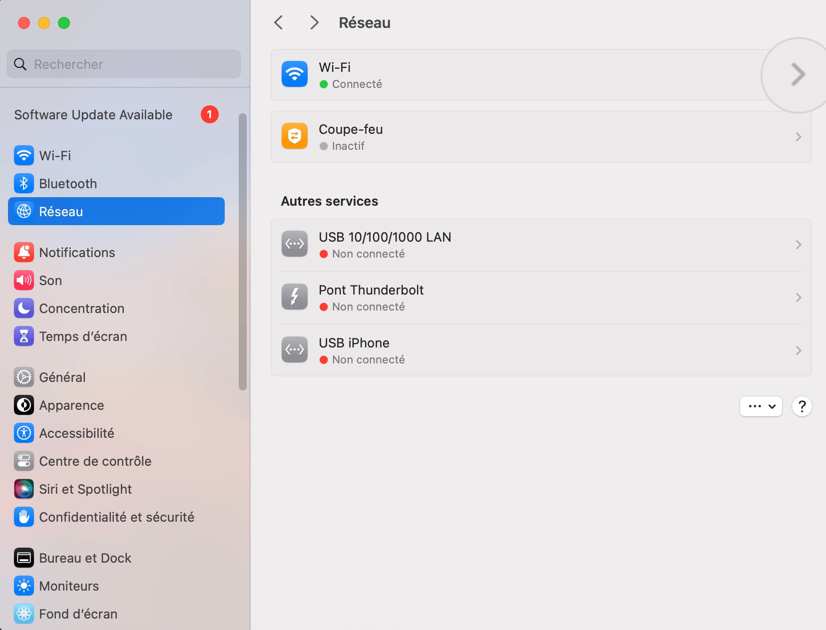 Capture d'écran des paramètres réseau sur Mac OS