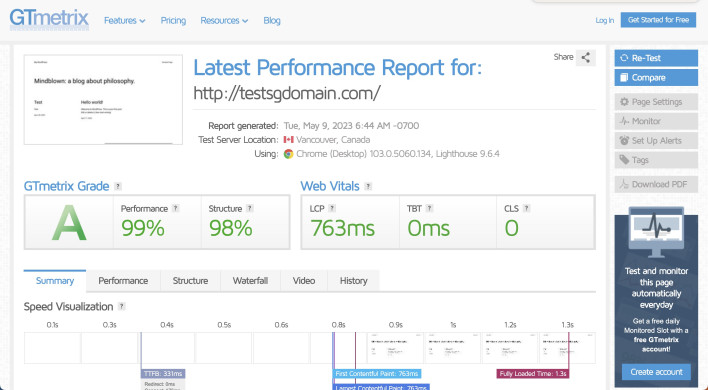 Capture d’écran des résultats de vitesse de page Gtmetrix