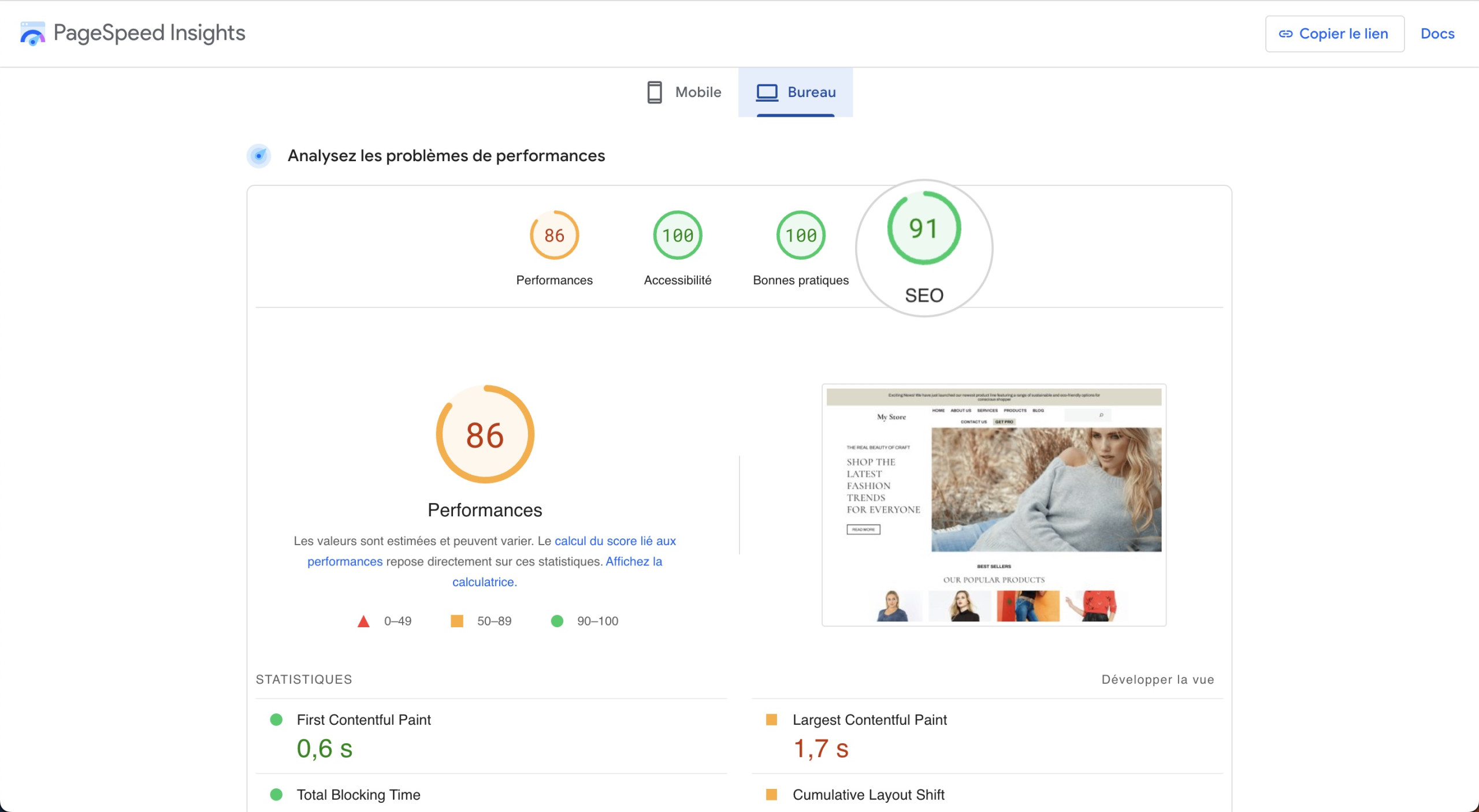 Résultats Lighthouse dans Google PageSpeed Insights