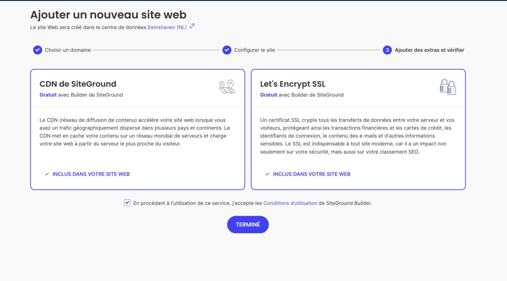 Résumé de la configuration pour un nouveau site web