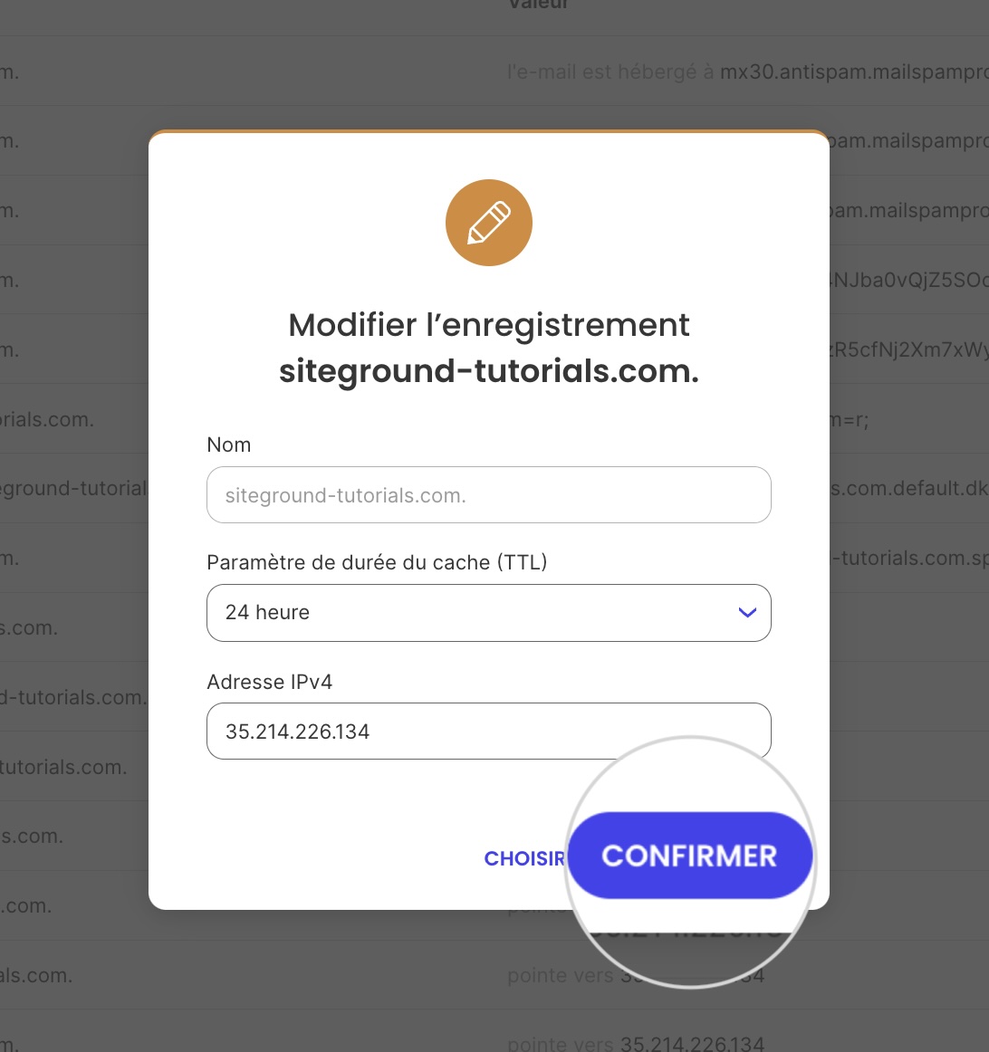 Capture d'écran montrant comment rétablir la valeur TTL par défaut de SiteGround une fois la propagation DNS terminée