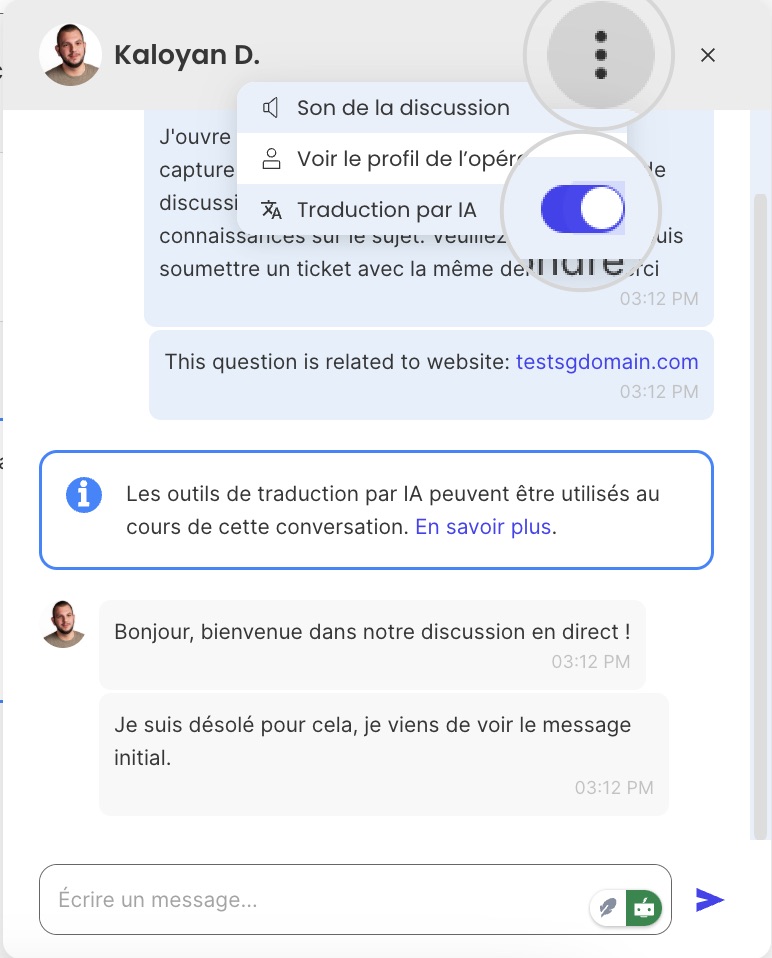 Capture d'écran du bouton Afficher le texte original dans la fenêtre de discussion