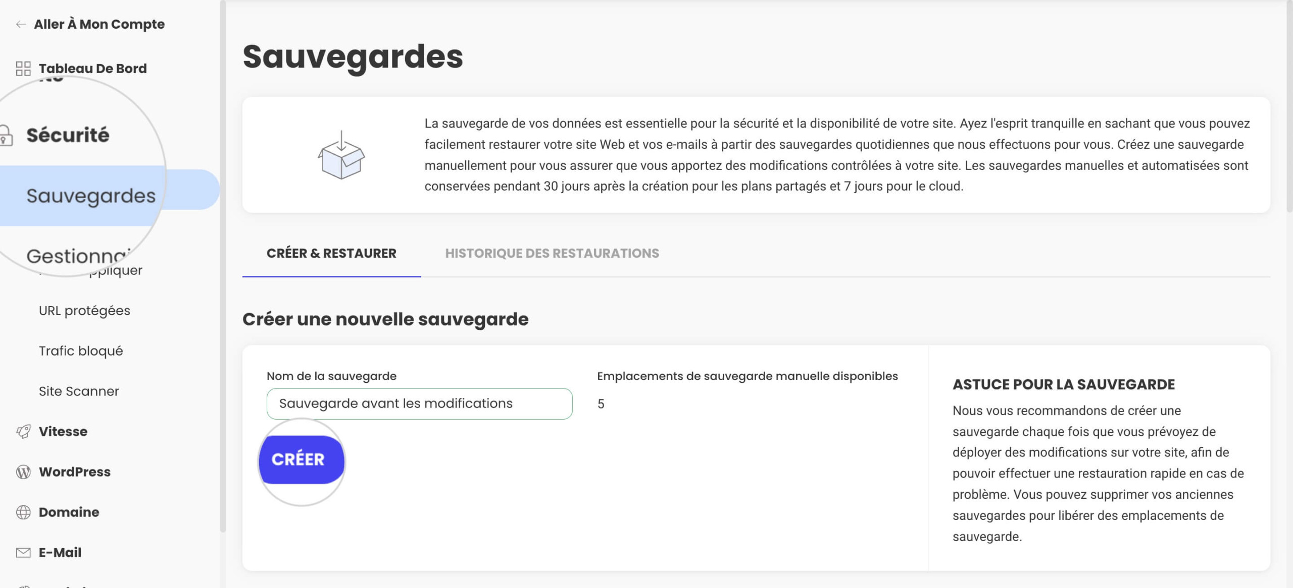 Créer une sauvegarde avant le dépannage