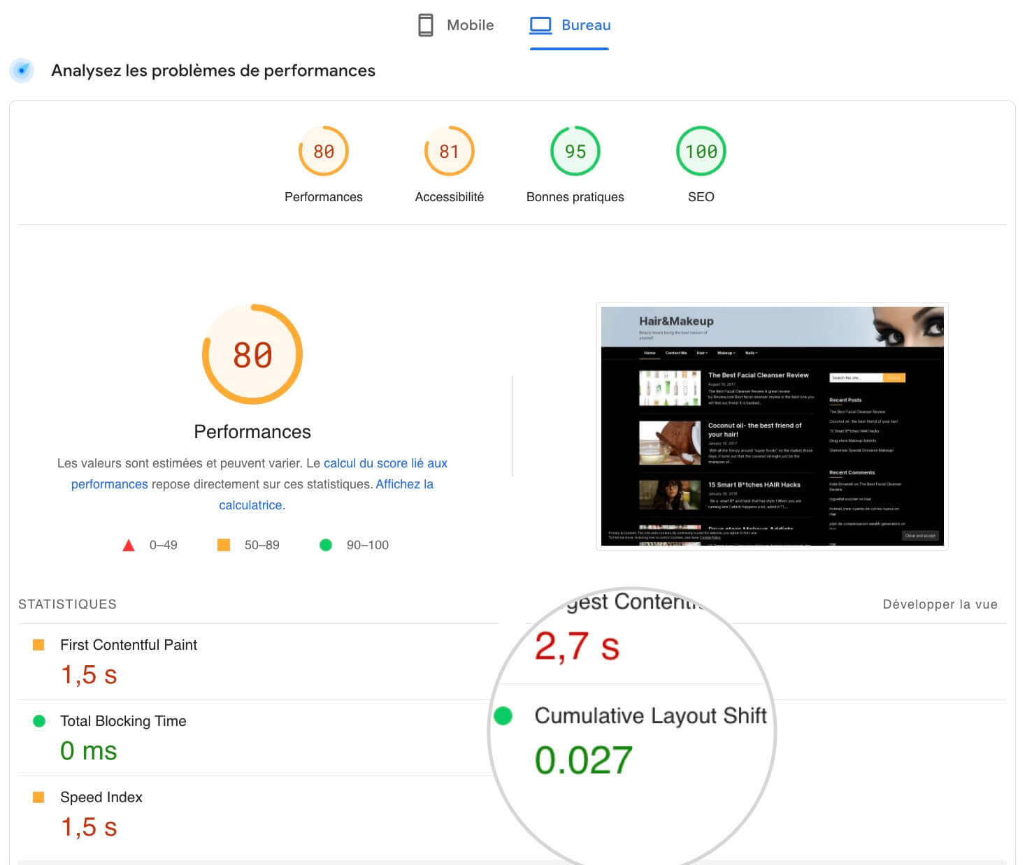 Capture d'écran montrant le résultat du score CLS de Google PageSpeed Insights