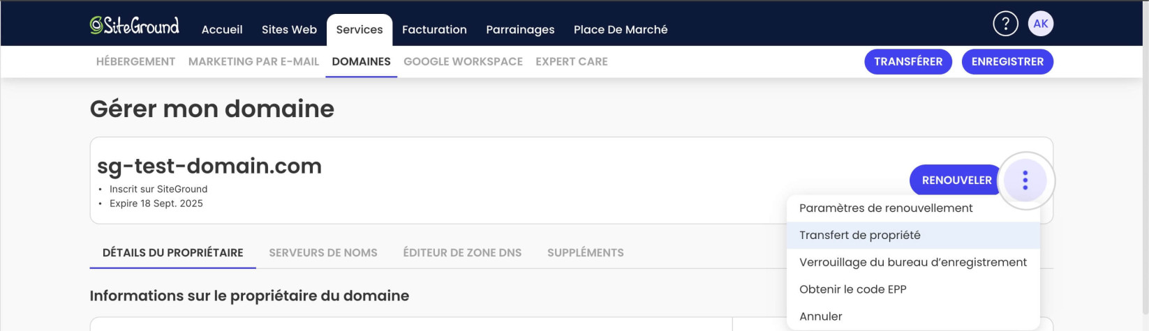 Option de transfert de propriété depuis le menu des paramètres du kebab (3 points).