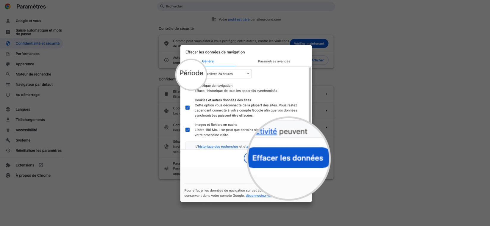 Capture d'écran montrant comment sélectionner des options spécifiques pour vider le cache de Chrome