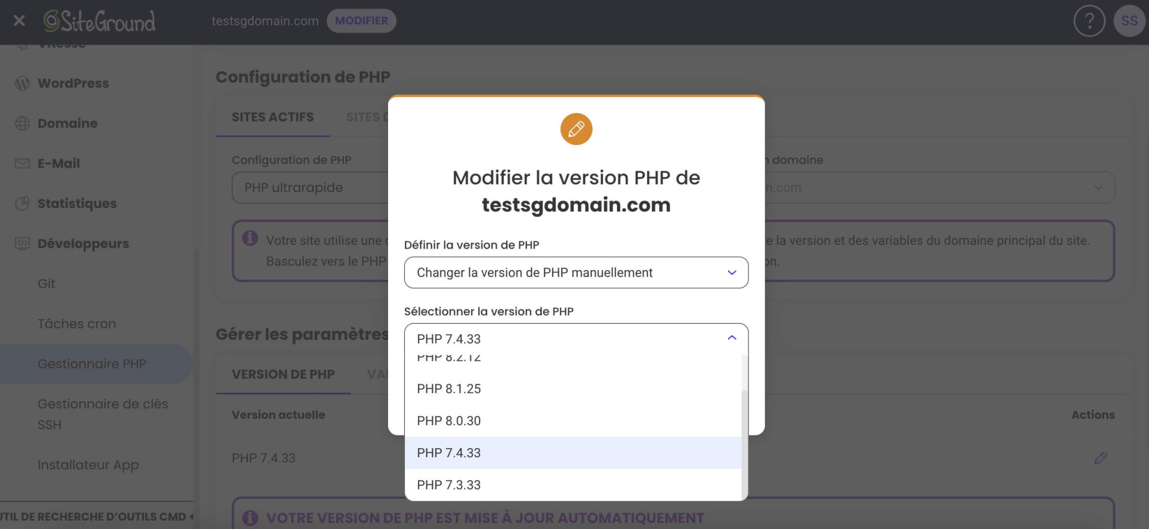 Capture d'écran montrant comment sélectionner la version PHP préférée à partir du gestionnaire PHP dans les outils du site