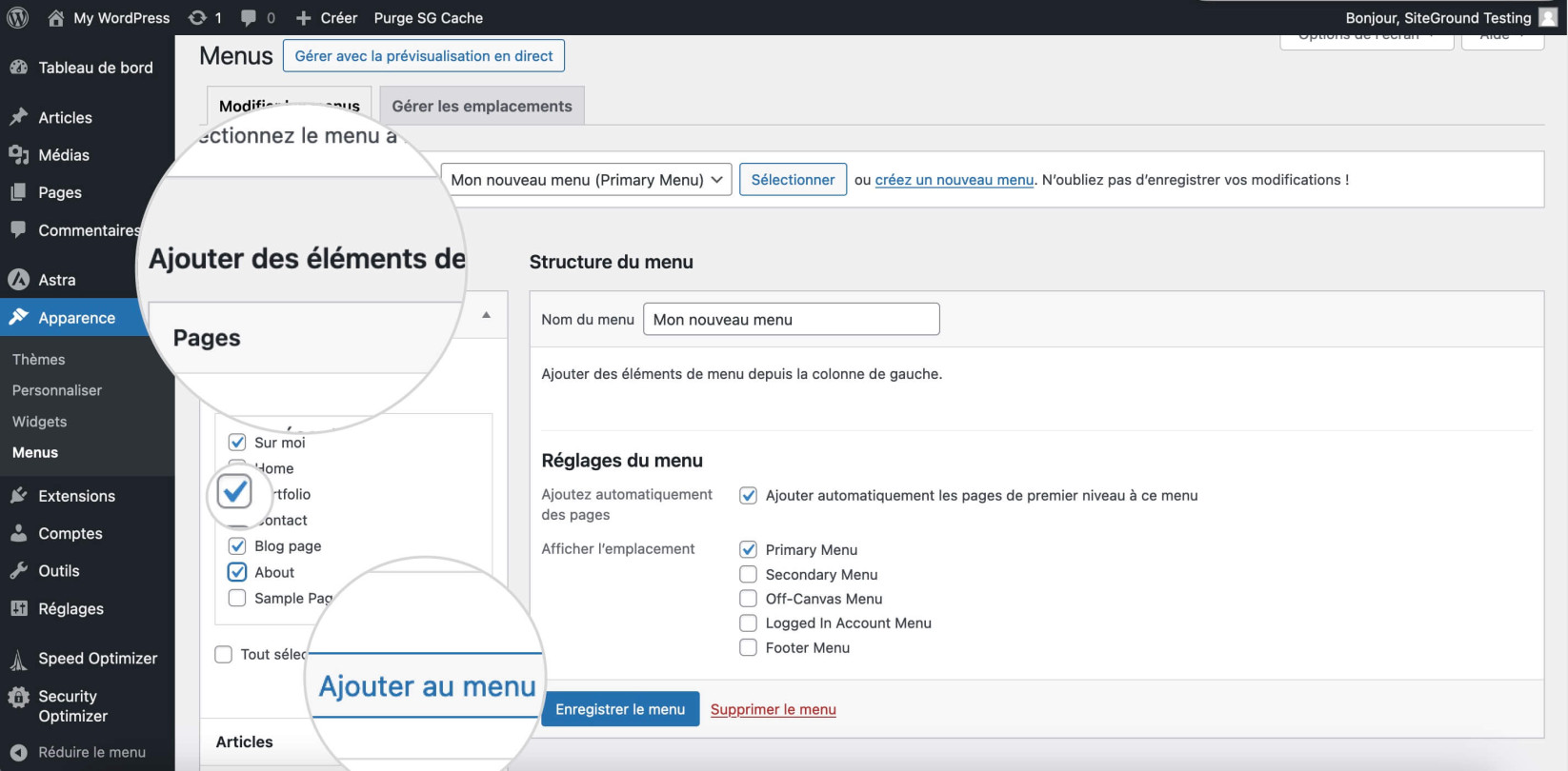 Capture d'écran montrant comment ajouter des éléments de menu dans l'éditeur de menu dans WordPress