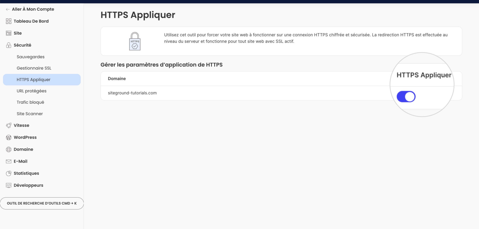 Section de Appliquer HTTPS dans Site Tools
