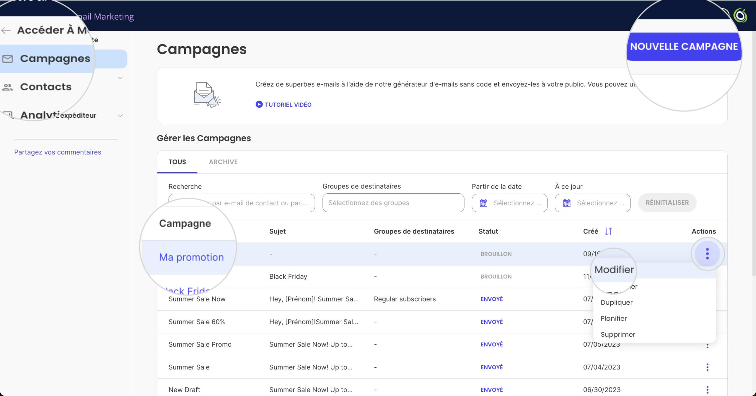 Section Campagnes dans l'Email Marketing