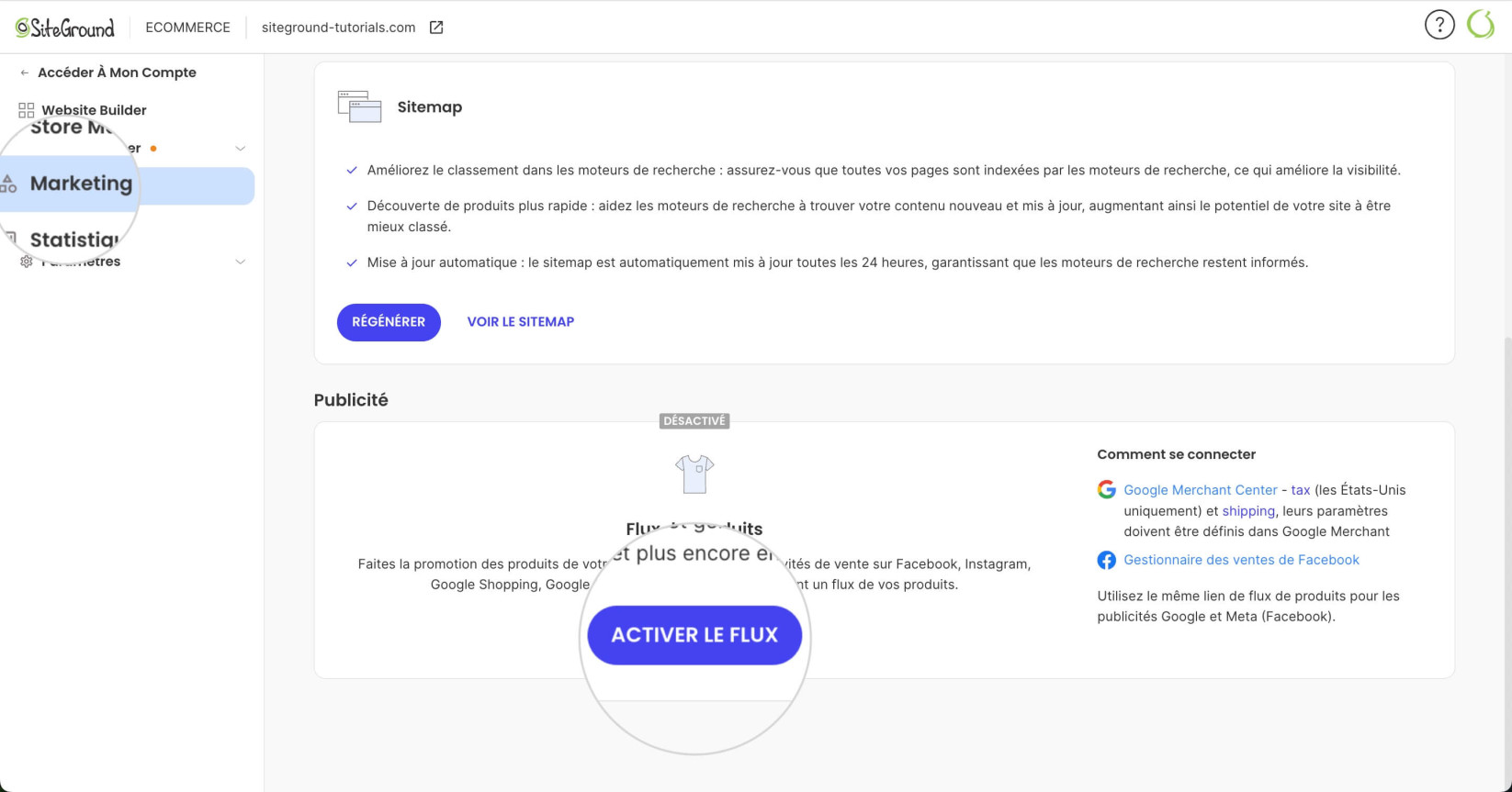 Section Marketing dans Site Admin de SiteGround Ecommerce affichant le bouton Activer le flux pour générer un fichier product feed