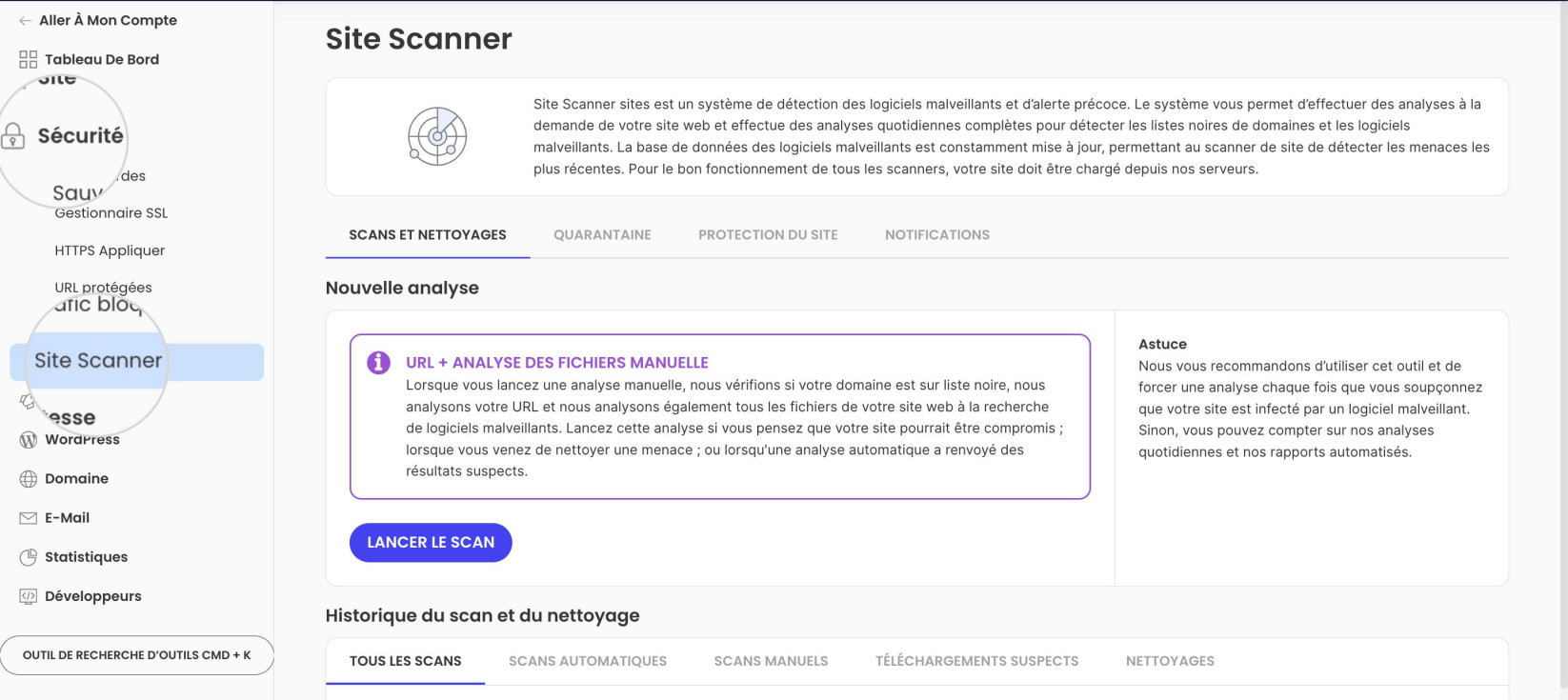Comment puis-je gérer les paramètres du Site Scanner