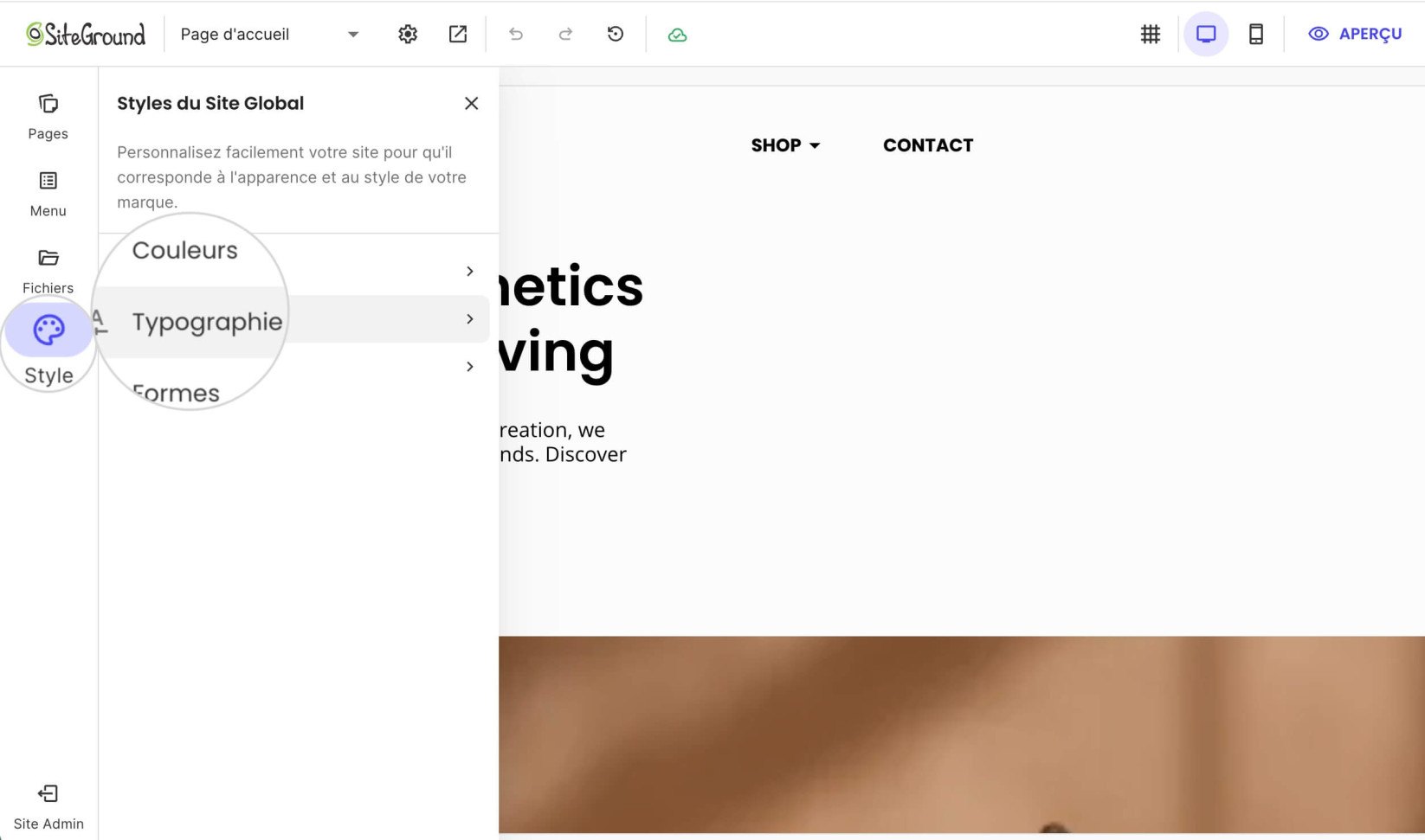 Paramètres de typographie dans l'onglet Styles de Website Builder