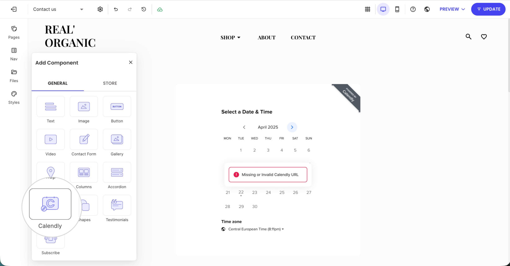 Add Component menu with a selected Calendly component