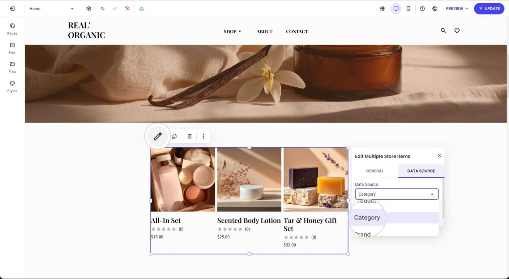 Multiple Items component displaying the Data Source menu where Category is selected