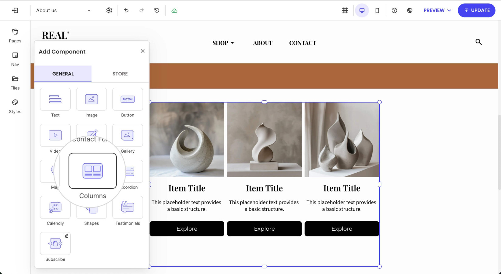 Add Component window with a selected Columns component
