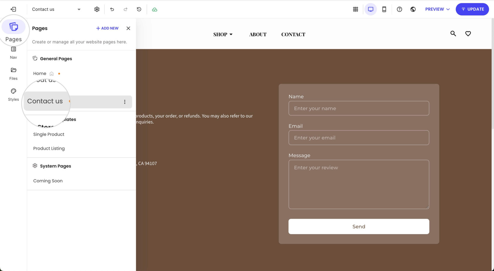 Pages section in Website Builder with a selected Contact Us page