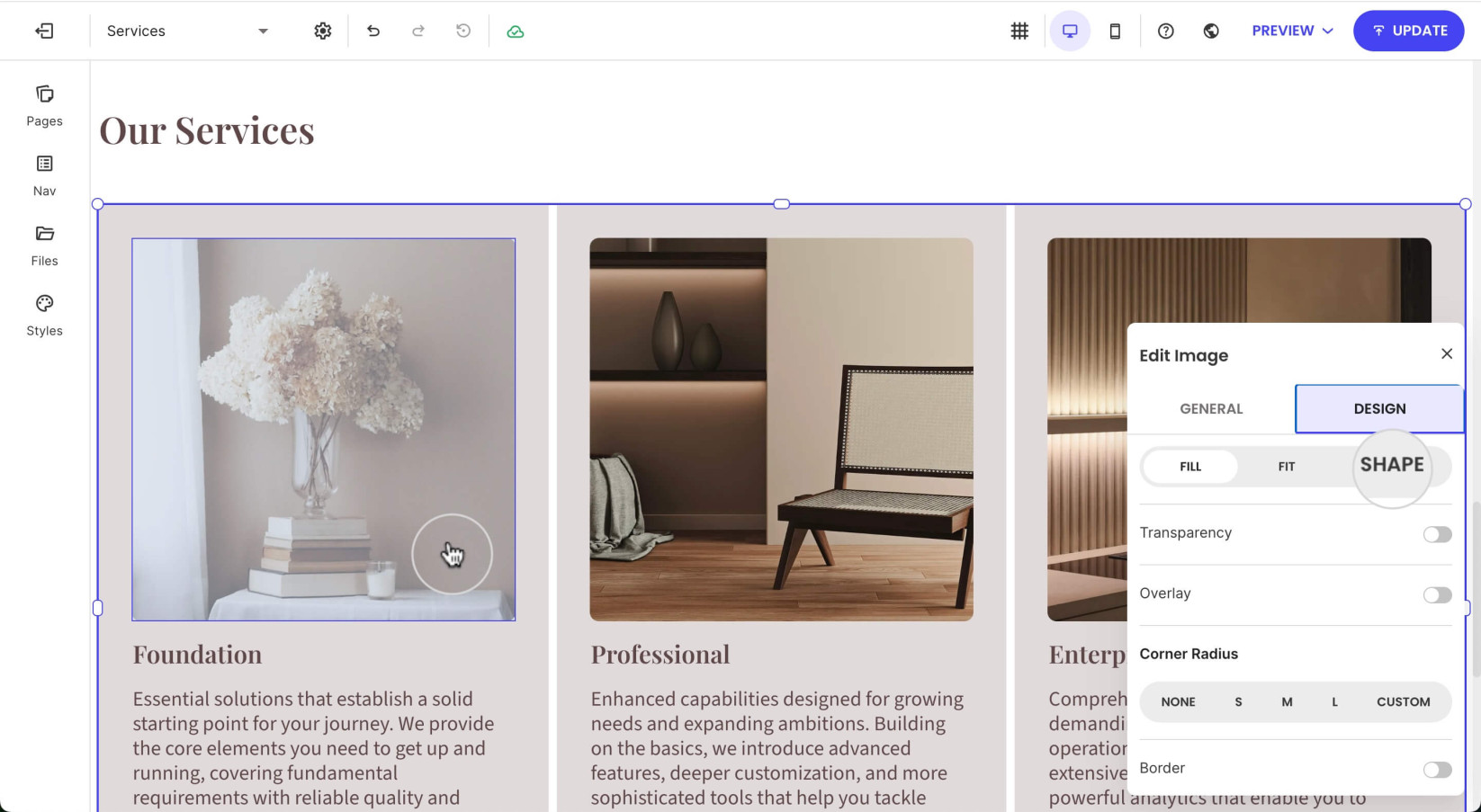 A page in Website Builder with a selected image display the editing options window 