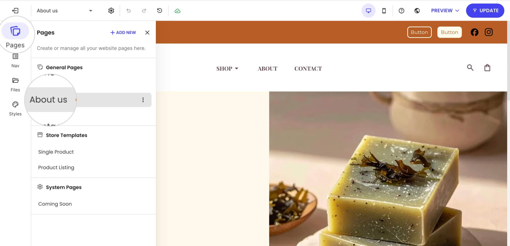 Pages tab in Website Builder with a selected existing page