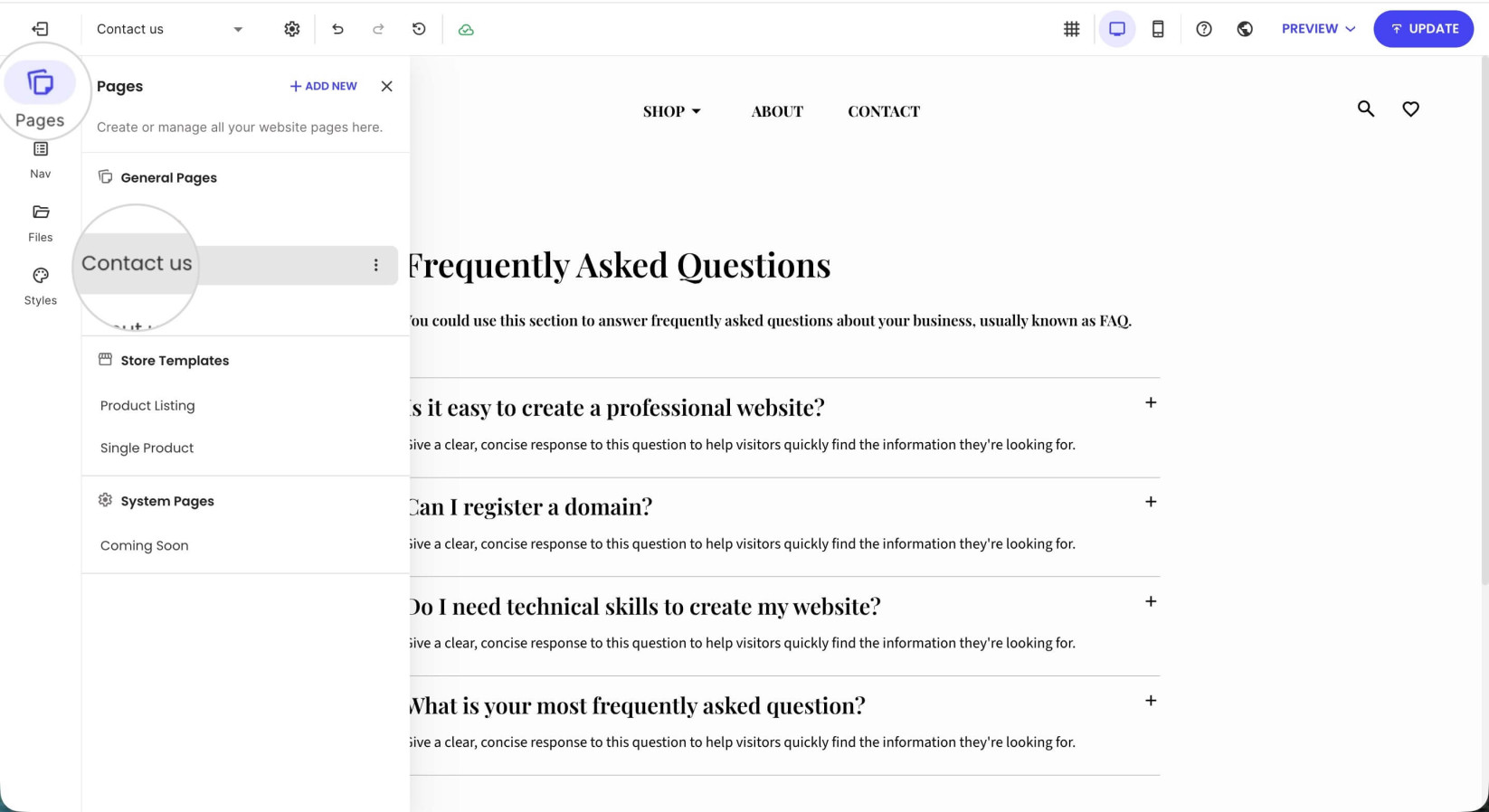 Pages section in the visual editor of Website Builder where the Contact Us page is selected