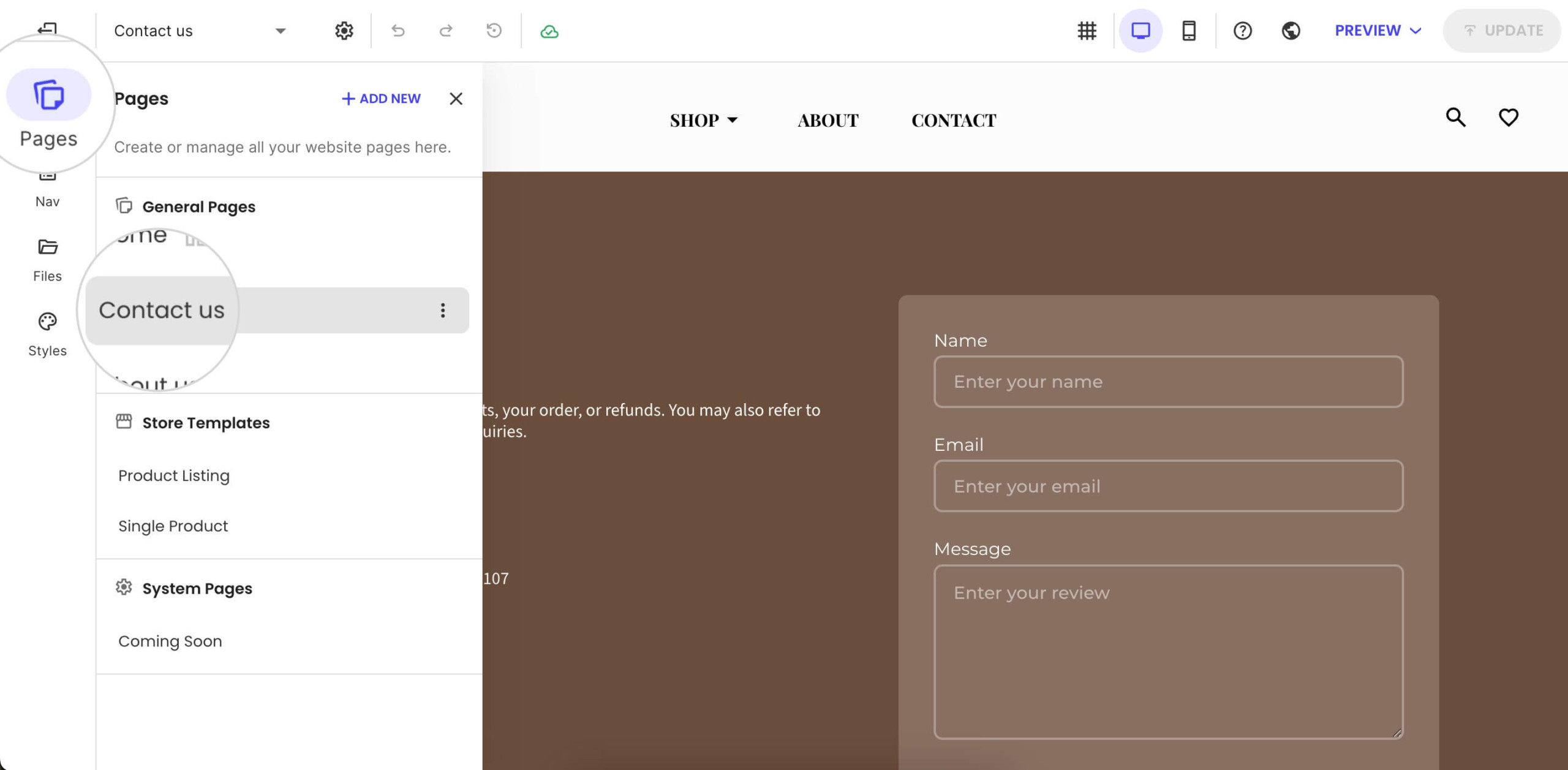 SiteGround Website Builder Pages panel with Contact us page selected for editing.
