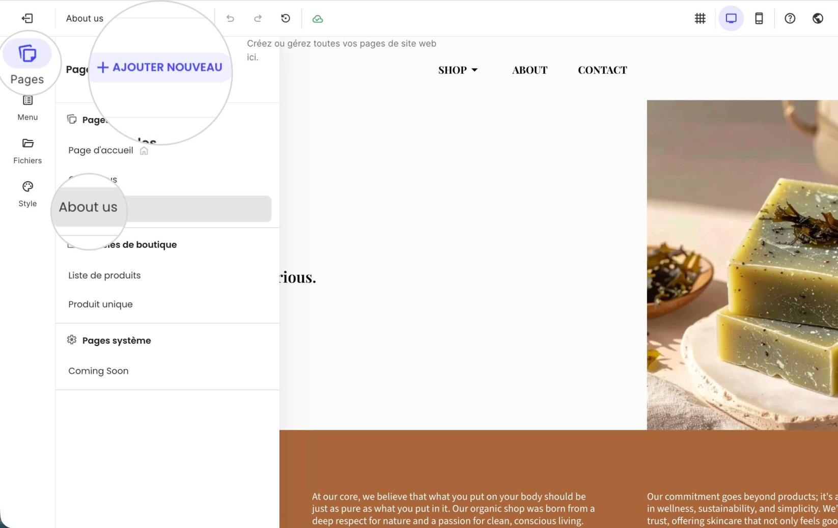 Onglet Pages dans Website Builder où vous pouvez modifier ou créer des pages