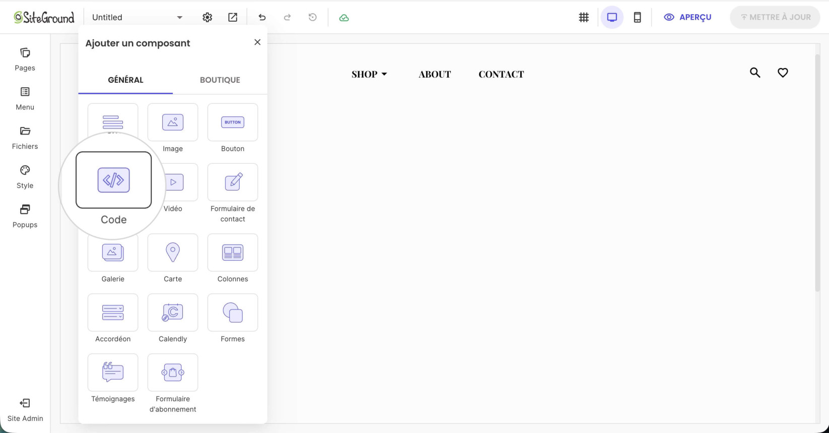 La fenêtre Ajouter un composant sur une page dans Website Builder où vous pouvez sélectionner le composant Code