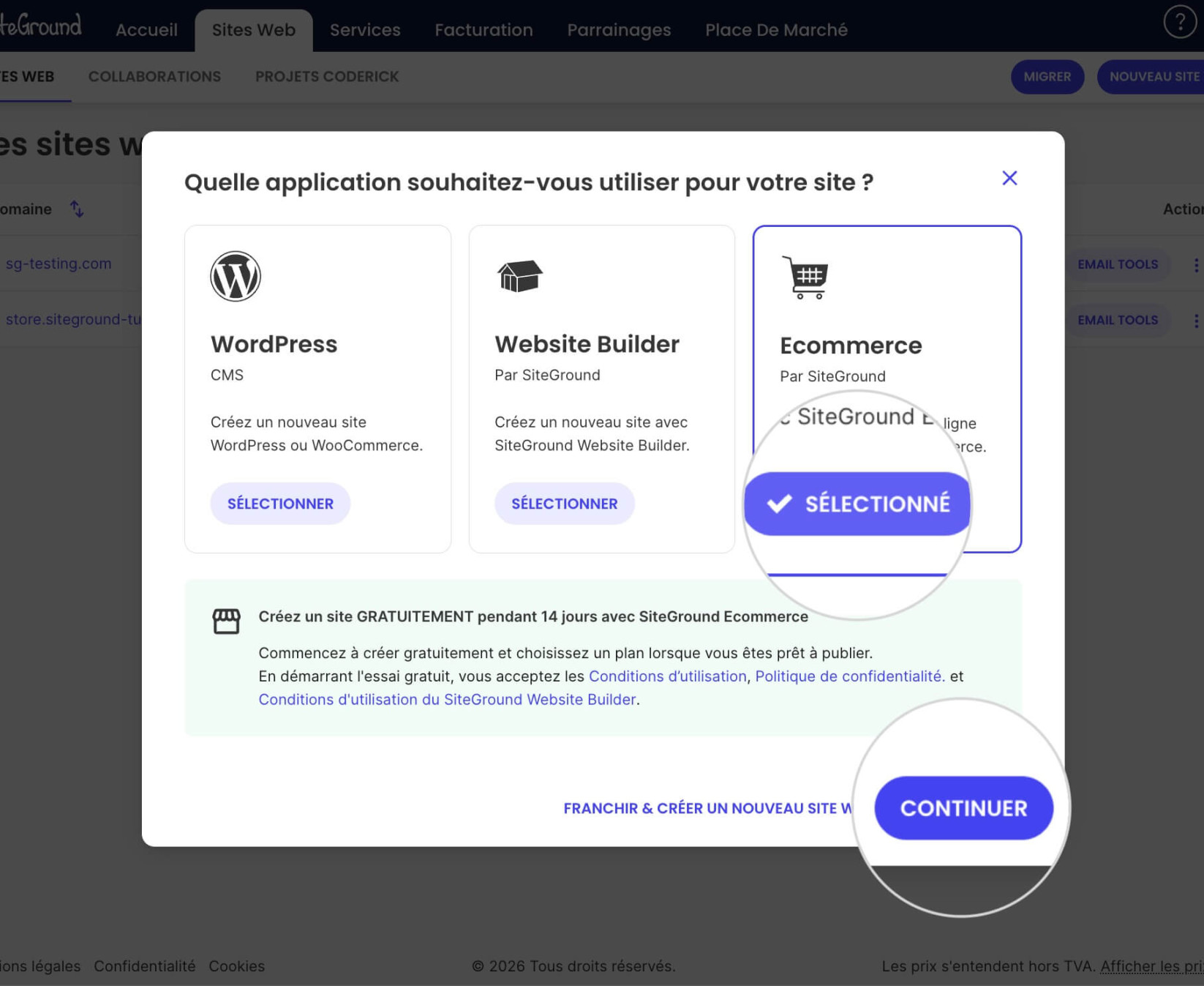 Assistant de nouveau site web avec une option E-commerce sélectionnée