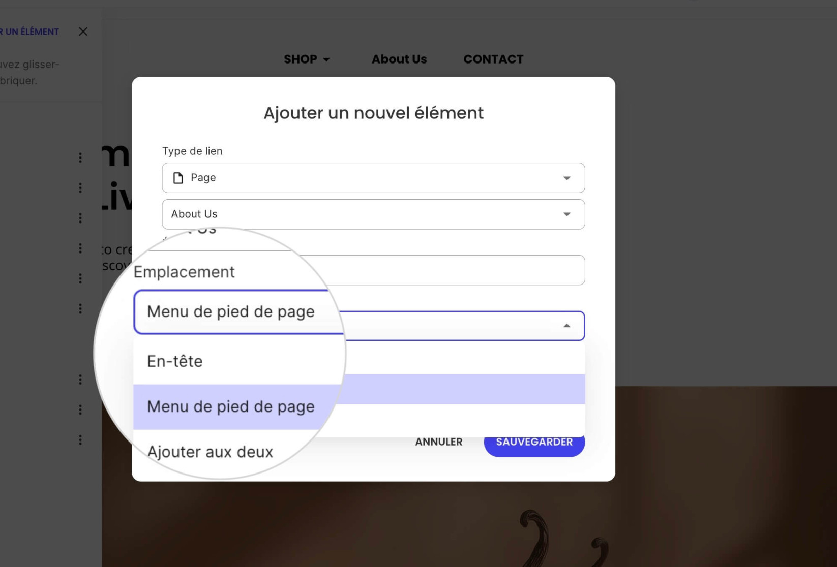 Une fenêtre contextuelle pour ajouter un élément de menu avec l'emplacement Menu de pied de page sélectionné