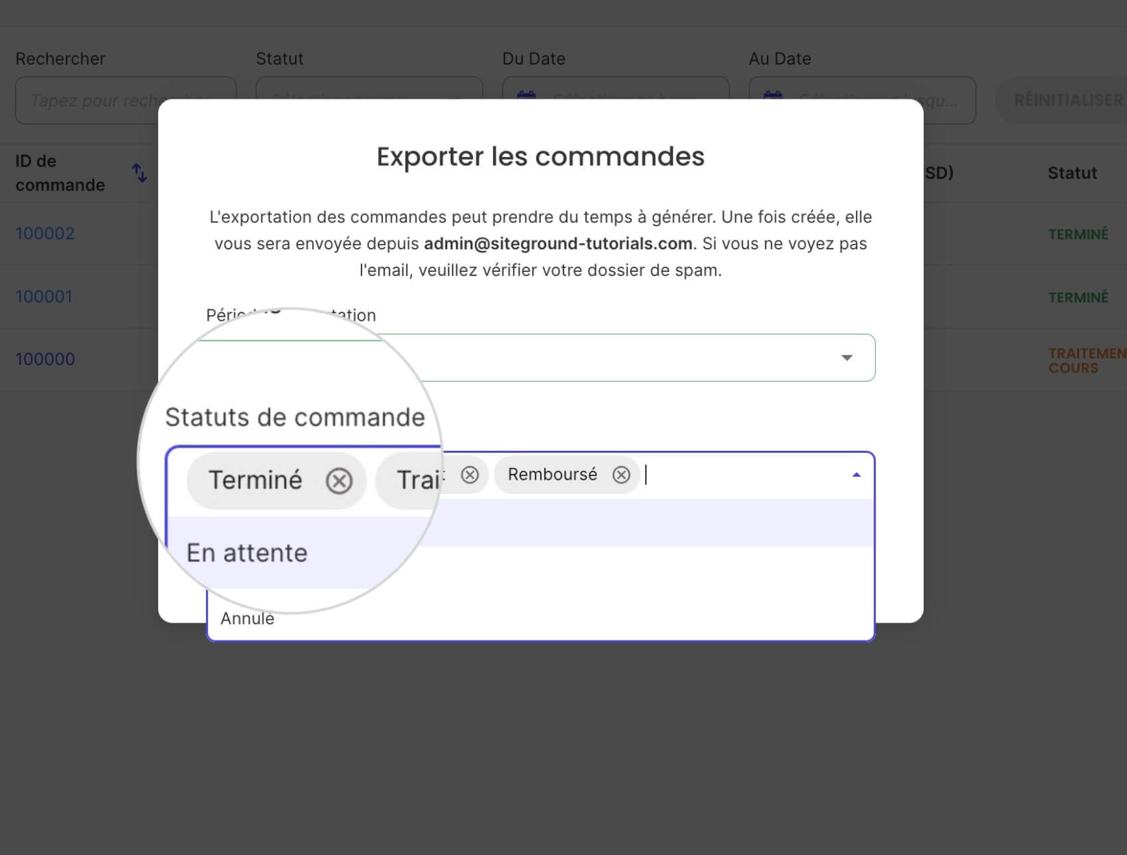 Fenêtre Exporter les commandes où vous pouvez sélectionner les statuts des commandes pour filtrer les commandes incluses