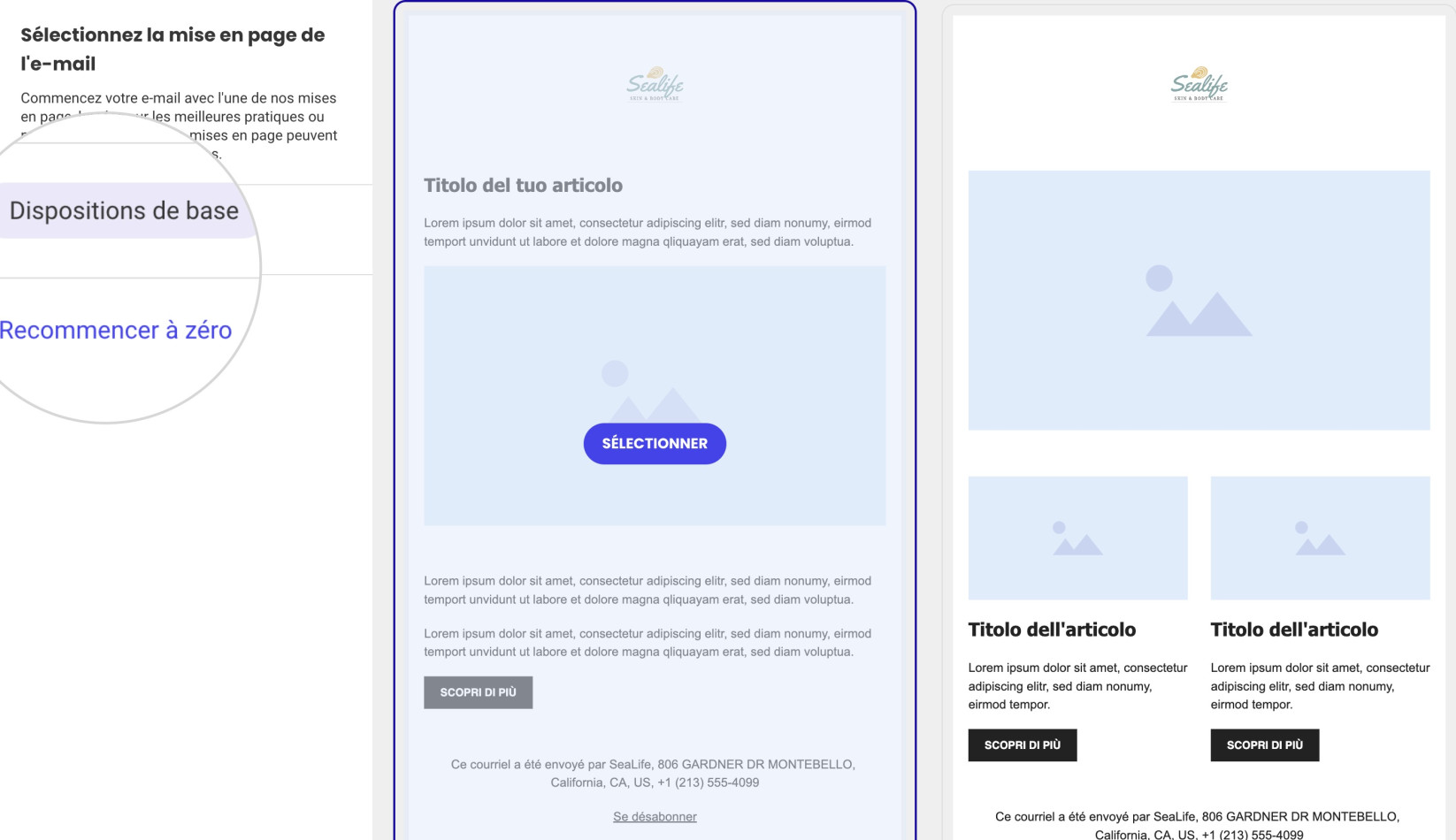 Capture d'écran montrant comment sélectionner une mise en page d'e-mail pour un nouvel e-mail à l'aide de l'email marketing
