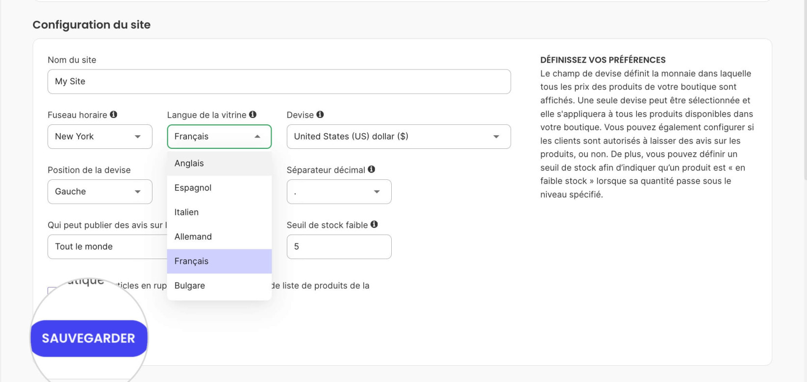 Menu déroulant pour sélectionner la langue de la vitrine dans SiteGround Ecommerce
