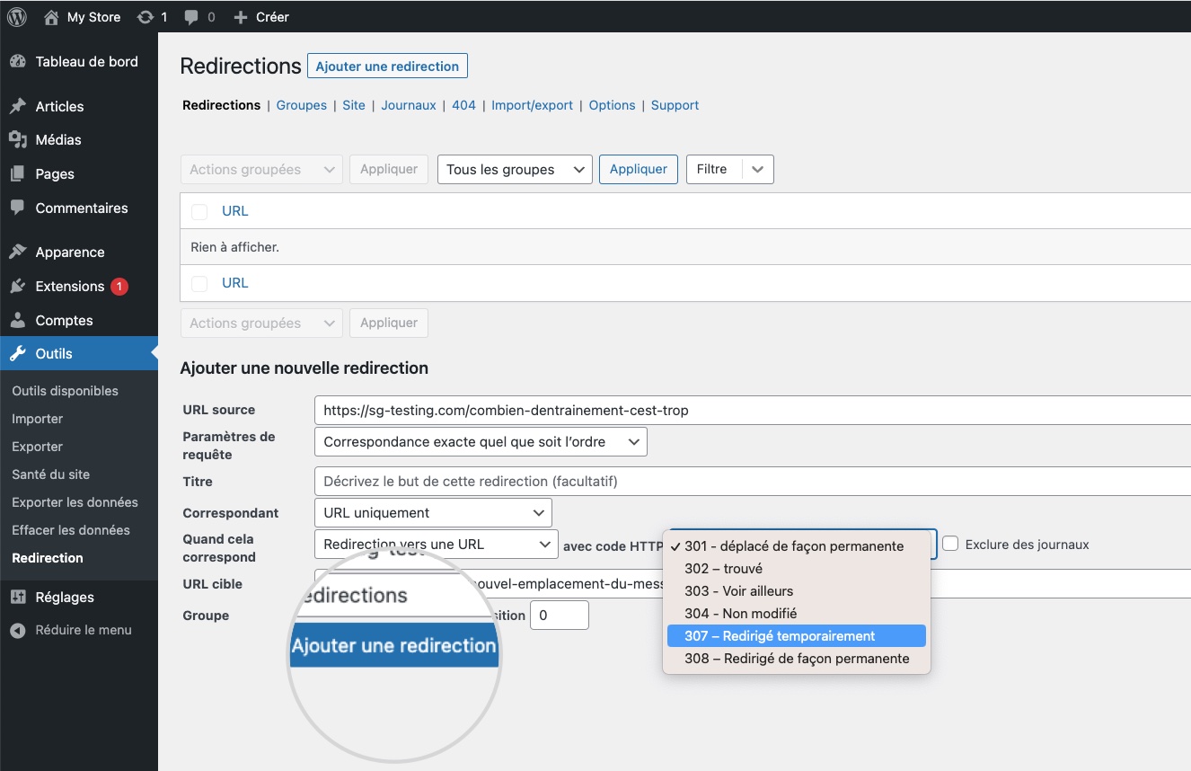 Options pour sélectionner un type de redirection dans le plugin Redirections pour WordPress