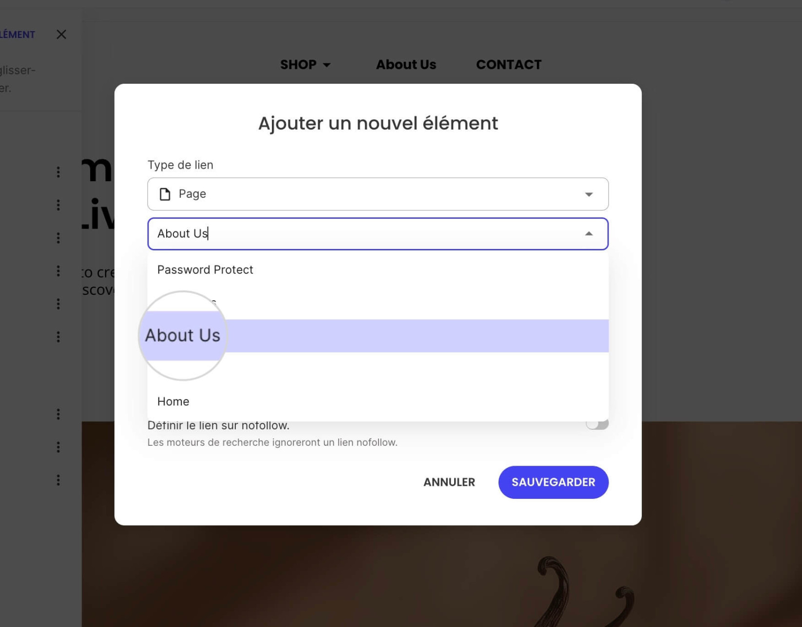 Une fenêtre contextuelle pour ajouter un élément de menu avec un menu déroulant pour choisir une page interne