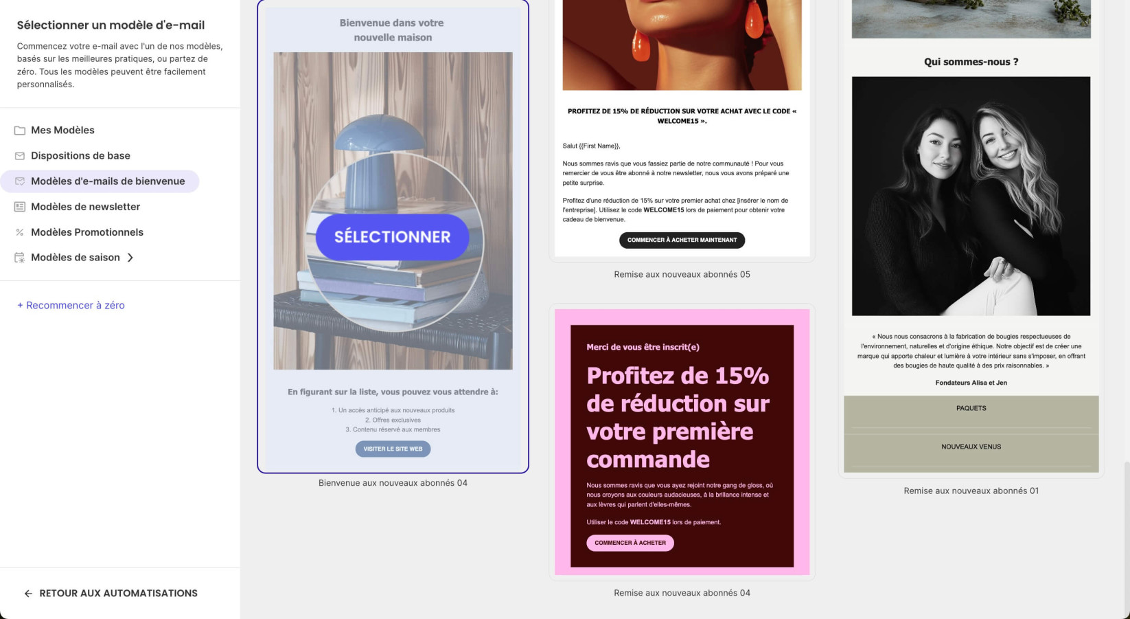 Sélection d'un modèle de courriel pour l'automatisation des e-mails 
