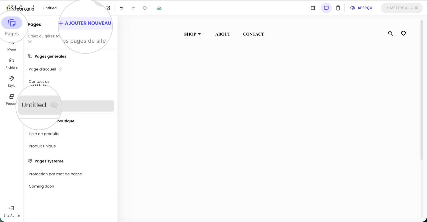 Section Pages dans Website Builder où vous pouvez sélectionner une page existante ou utiliser Add New pour créer une nouvelle page