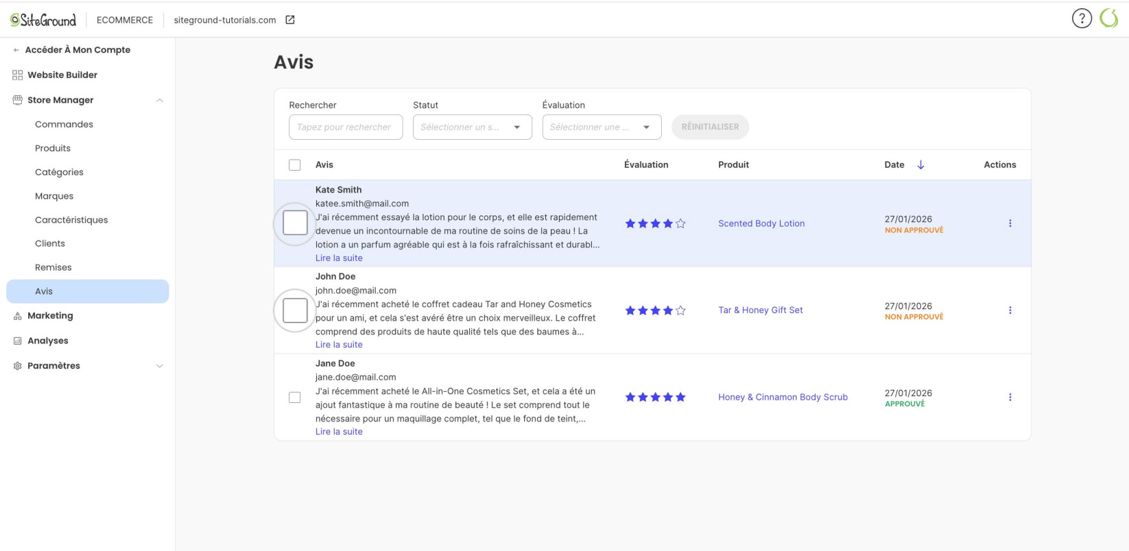 Sélectionner plusieurs avis dans SiteGround Ecommerce