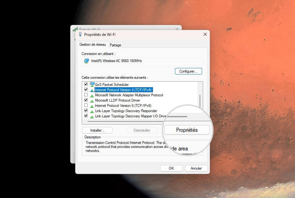 Propriétés réseau dans Windows