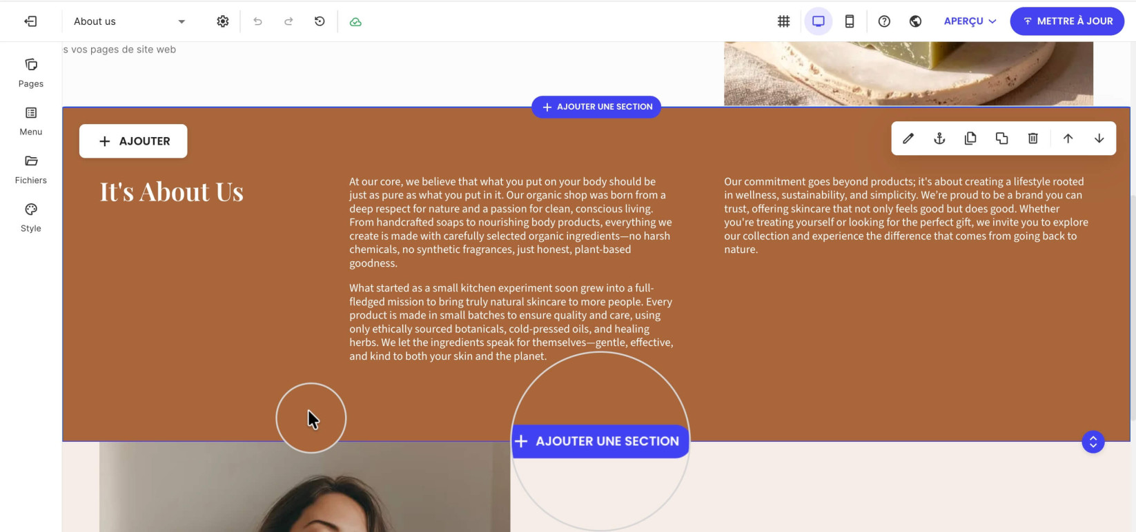 Sélection d'une section existante ou création d'une nouvelle avec le bouton Ajouter une section 