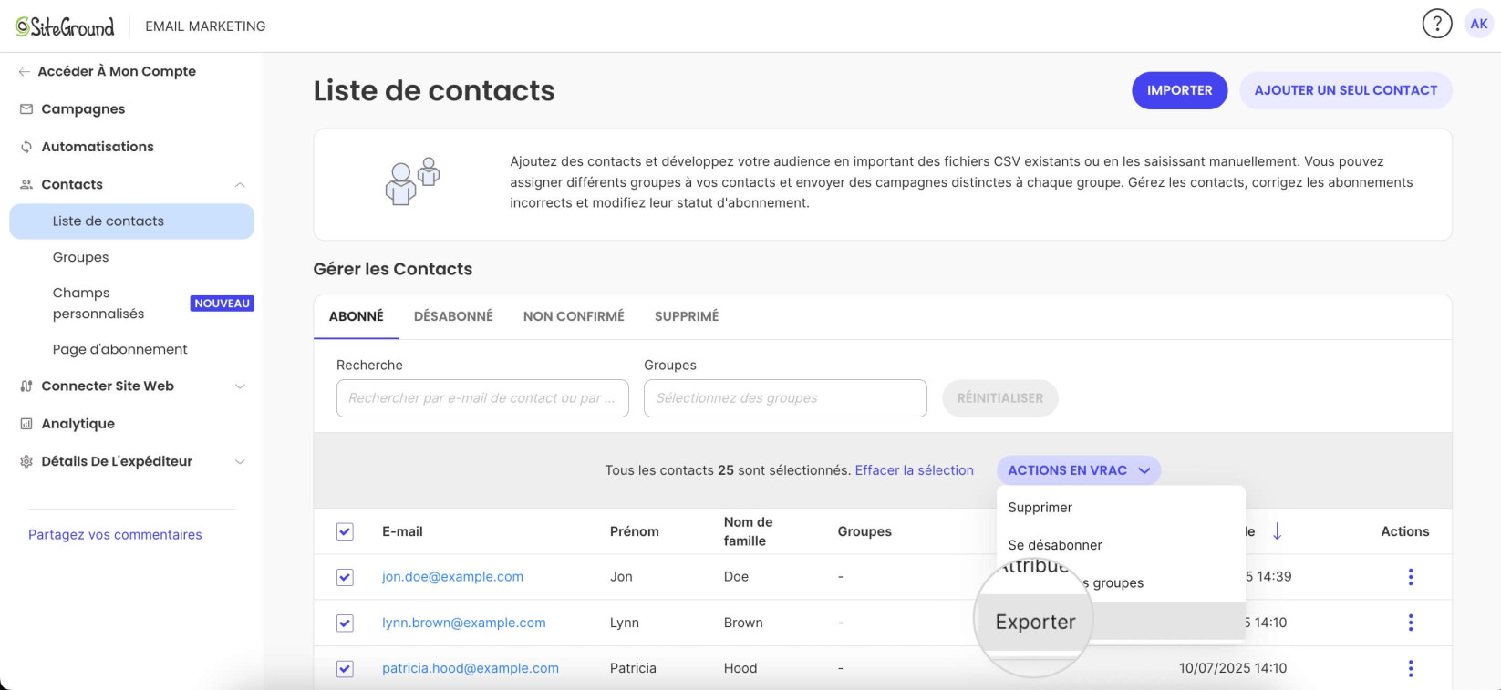 Liste de contacts montrant l’option Sélectionner tous les contacts et le menu Actions en vrac ouvert avec l’action Exporter mise en évidence.