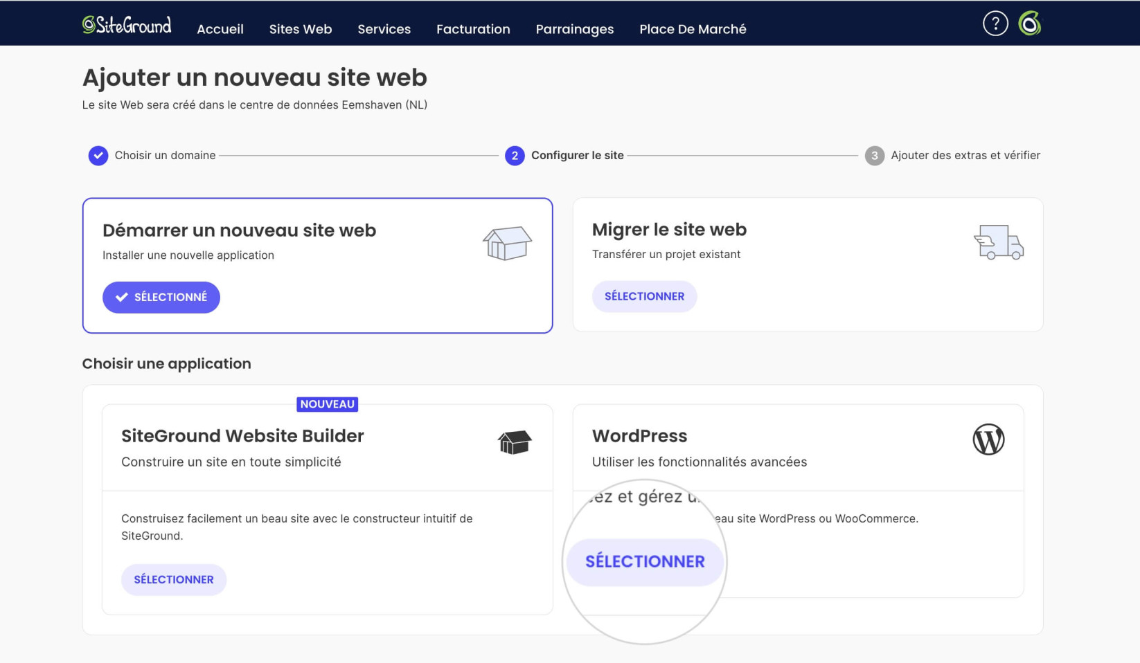 Comment sélectionner WordPress comme nouveau site web