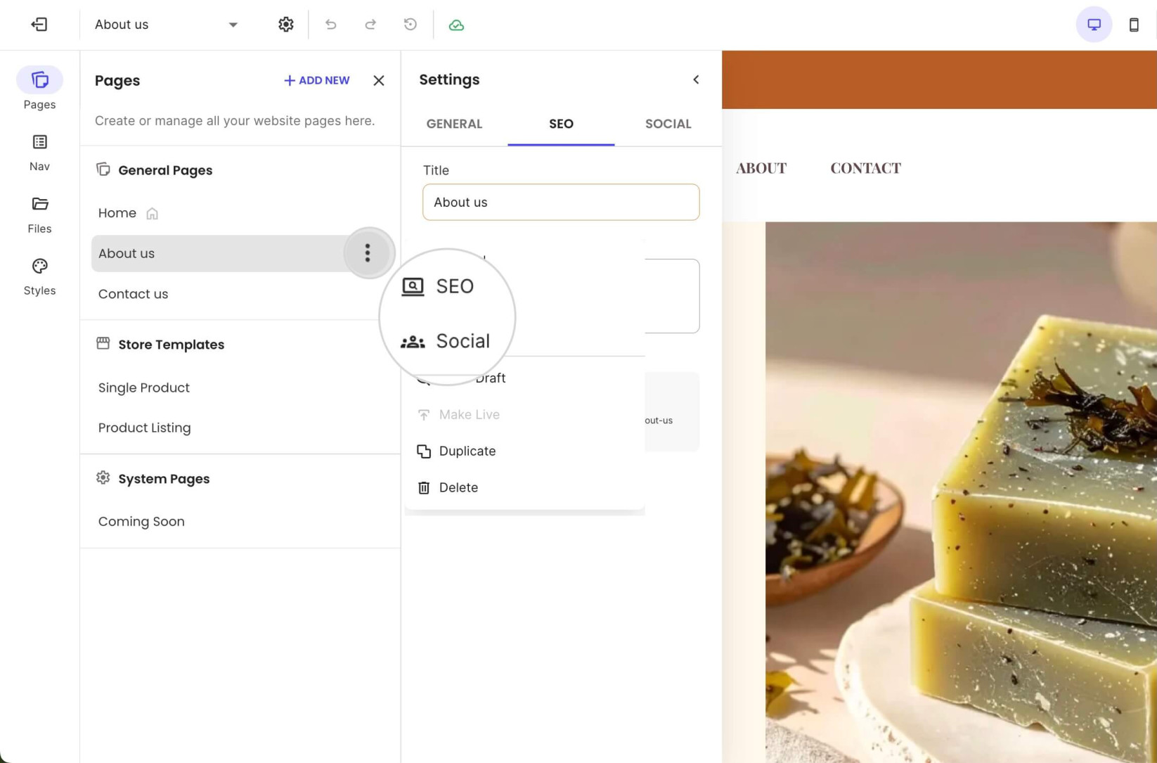 Page's settings menu with highlighted SEO and Social settings