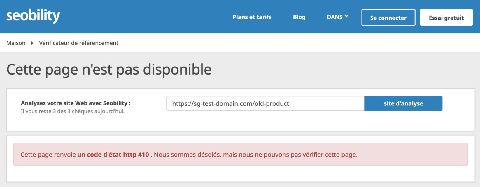 Capture d'écran des résultats d'un vérificateur HTTP gratuit, montrant qu'une page renvoie correctement une réponse « 410 Gone »