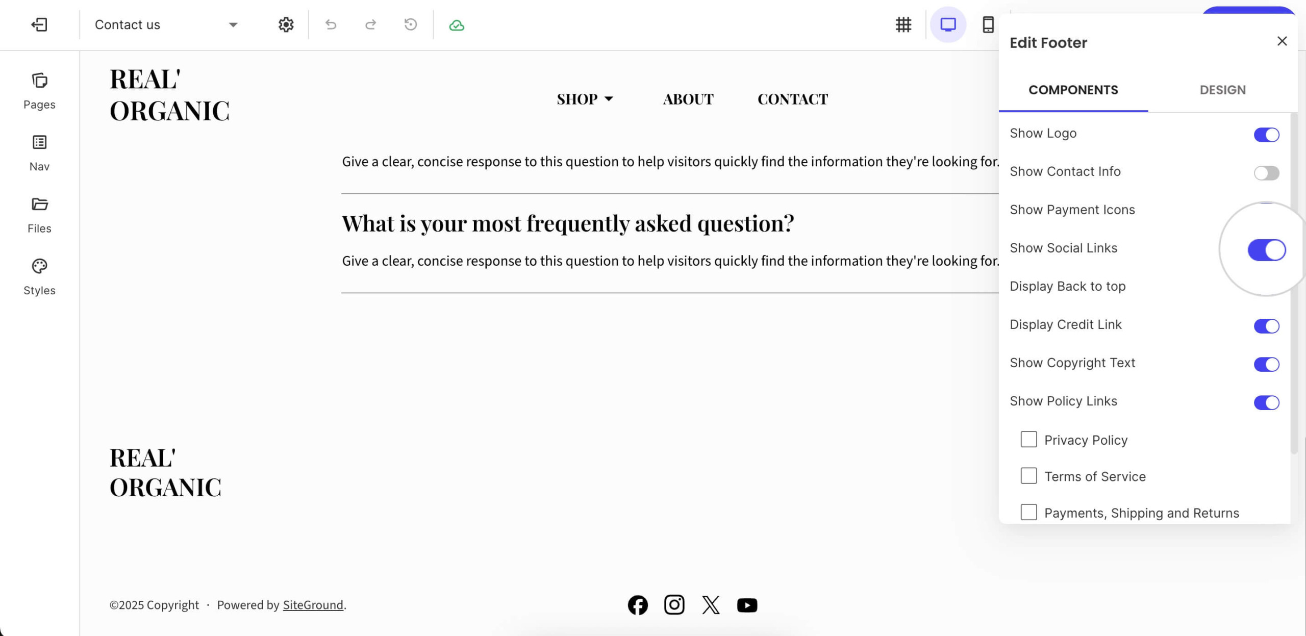 Edit Footer panel in SiteGround Website Builder showing social links toggle enabled and footer component settings.